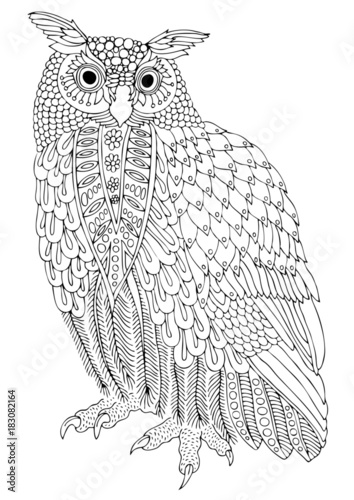 Eurasian eagle-owl. Hand drawn owl. Sketch for anti-stress adult
