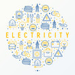 Electricity concept in circle with thin line icons: electrician, bulb, pylon, toolbox, cable, electric car, hand, solar battery. Vector illustration for banner, web page, print media.