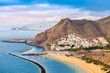 Aerial view over Las Teresitas beach and Santa Cruz city in summer holiday, Tenerife, Canary island of Spain