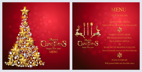 Wall Mural -  Christmas Greeting and New Years card templates with gold patterned and crystals on background color.