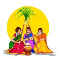 Happy Pongal Holiday Harvest Festival of Tamil Nadu South India greeting background