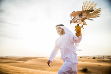 Wall Mural - Arabic man in the desert with his hawk