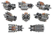 Sci-fi Engine Steel Futuristic Car Set. 3D Rendering