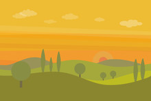 Vector Flat Landscape With Green Hills, Trees And Orange Sunset Sky With Clouds