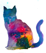 Space Cat Watercolor Illustration