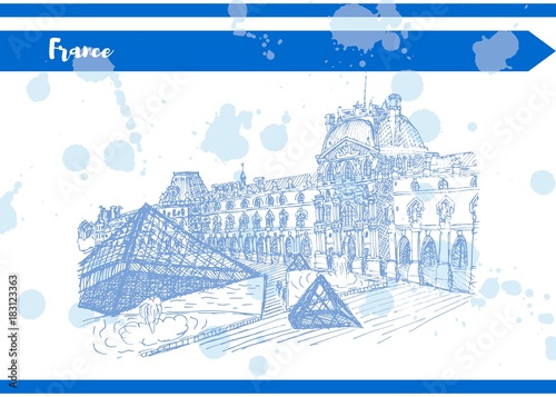 Blue France Louvre black and white sketch vector artwork Tableau sur Toile