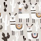 Seamless pattern with white llama, cactus and hand drawn elements. Creative childish texture. Great for fabric, textile Vector Illustration