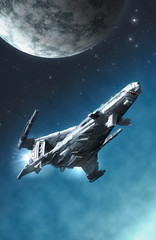 Wall Mural - space fighter spaceship and moon
