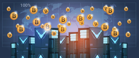 Poster - Bitcoin Mining Farm Data center Over World Map Digital Crypto Currency Modern Web Money Vector Illustration
