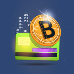 Poster - Bitcoin Over Credit Card Icon Digital Crypto Currency Modern Web Money Concept Vector Illustration