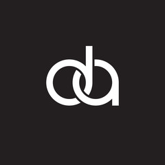 Initial lowercase letter da, overlapping circle interlock logo, white color on black background