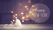 Happy New Year Message With A White Heart With Heart Shaped Lights