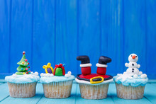 Delicious New Year Or Christmas Cupcakes Set With Bright Decorations Made Of Confectionery Mastic. Festive Sweets, Homemade Confectionery, Holiday Food, Party Treats, Celebration Concept