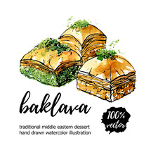 Vector Illustration Of Turkish Delight Baklava With Pistachio In Circle Composition. Hand Drawn Dessert With Black Outline And Bright Watercolor Texture. Logo Or Banner Design For Cafe Menu Design
