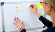 © Dusan Petkovic - Close up rear view of focused short hair business woman preparing a business plan on the whiteboard with focus on the BUSINESS PLAN written on paper.