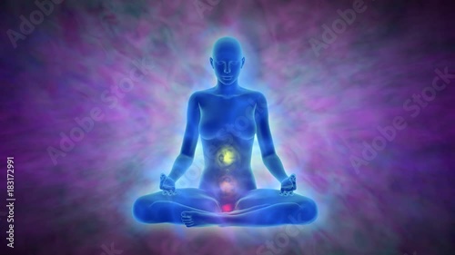 Obraz na plátně Meditation - woman with aura, chakra activation and enlightenment of mind, anima