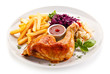     Roast chicken legs with chips and vegetables 