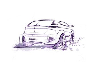 Dynamics sketch of car its purple illustration in perspective. Car is suitable for family. Vehicle is designed with lights lines and through dynamic enters to the space. It is car of type off road.