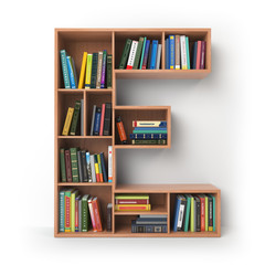 Poster - Letter E. Alphabet in the form of shelves with books isolated on white.