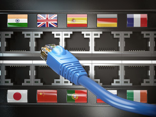 Poster - E-learning, translate foreign languages, online vocabilary, multilingual support or change of ip location concept. Flags of countries and ethernet plug and sockets.