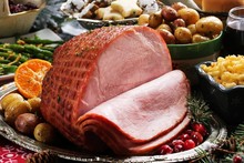  Holiday Baked Ham With Sides  / Xmas Dinner  Table Setting, Selective Focus