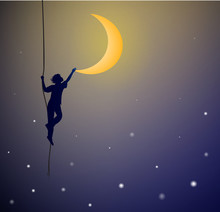 Boy Hanging On The Rope And Touching The Moon, On The Heavens, Dream,