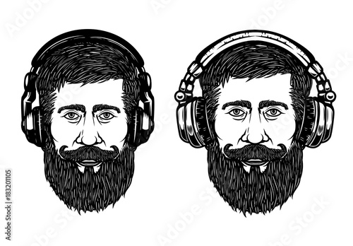set-of-hipster-head-with-headphones-design-element-for-emblem-sign-label-poster-vector-illustration
