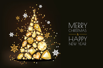 Wall Mural - Merry Christmas, Happy New Year greeting card. Vector golden 3d christmas tree, gold gems and snowflakes on black background. Holiday horizontal banner layout, flyer, poster with diamonds, jewels.