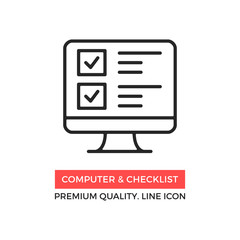 Poster - Vector computer and checklist icon. Online survey, application form with check marks, tasks list. Premium quality graphic design. Modern sign, linear pictogram, outline symbol, simple thin line icon