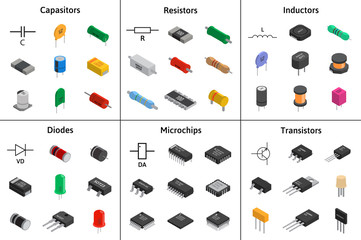 big vector set of izometric electronic components. collection of capacitors, resistors, diodes, tran