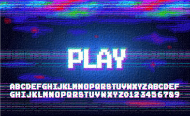 Vector play alphabet letters font phrase in pixel art style with screen glitch VHS effect. 80's and 90's style. Retro vintage TV screen. Gamer panel basic platform. Color half-shifted letters.