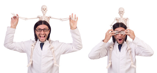 Wall Mural - Funny teacher with skeleton isolated on white