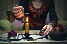 Woman Witch Prepare A Magic Potion. Future Reading. Tarot Cards On Fortune Teller Desk Table.