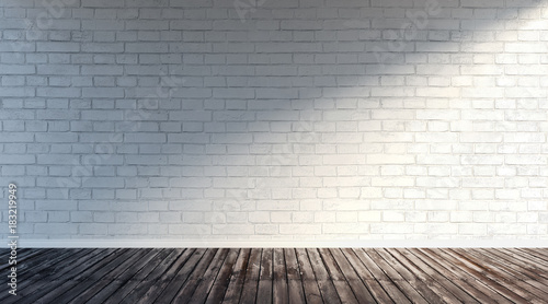 Photo 3d rendering illustration of big modern empty room with white brick wall and rough wooden floor