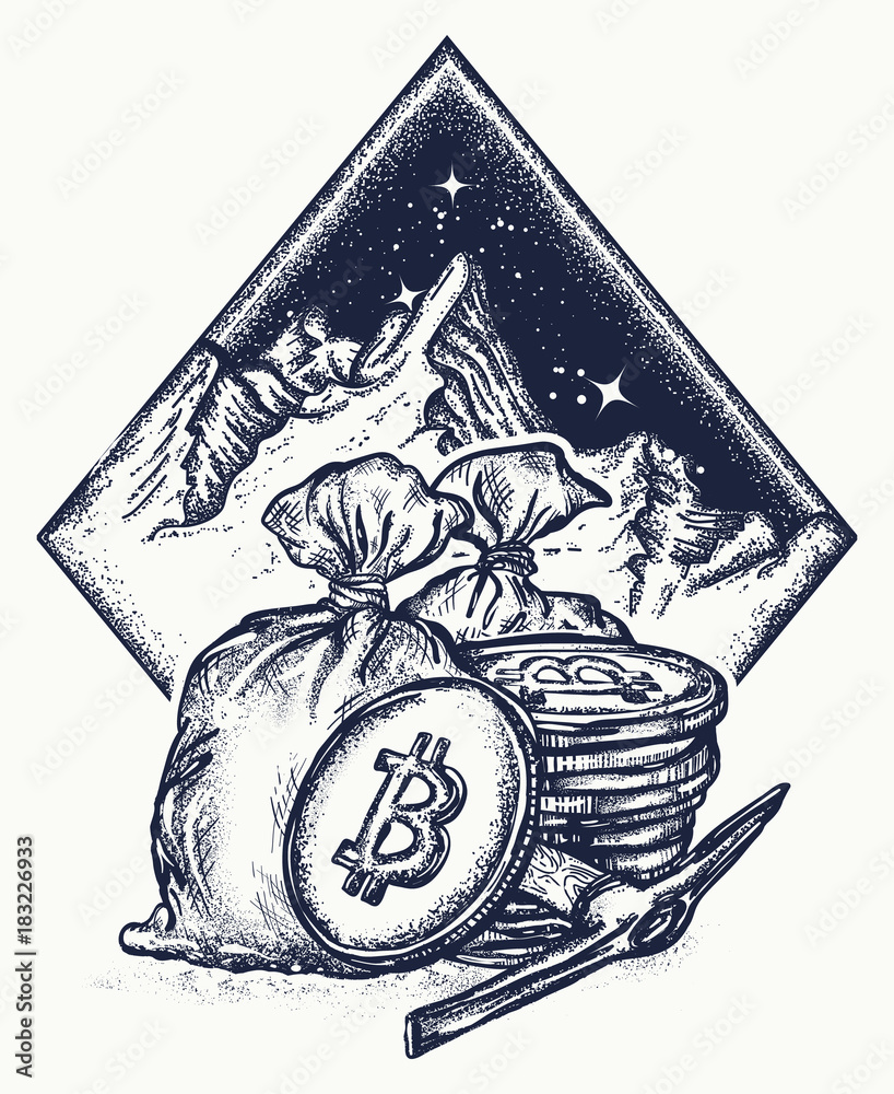 Bitcoin and mountains, new gold rush tattoo and t-shirt design. Cryptocurrency  bitcoin mining symbol. Golden coins with bitcoin. Stock Vector | Adobe Stock