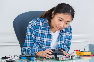 Wall Mural - Woman working on electronics components