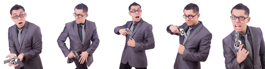 Wall Mural - Funny businessman with gun on white