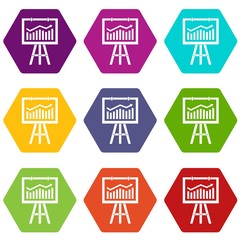 Poster - Flipchart with marketing data icon set color hexahedron