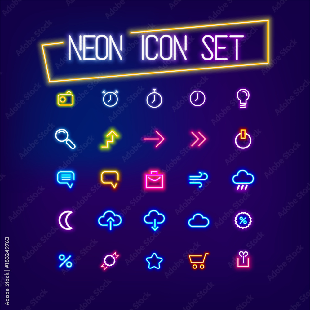 Business icon set neon sign, symbol. Shop colored banner. Advertise ...