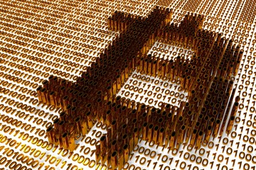 Poster - bitcoin symbol selected against the background of a binary code of gold