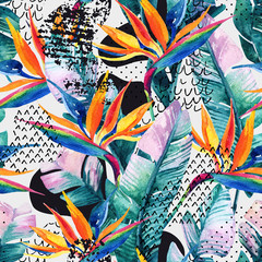 Wall Mural - Watercolor tropical seamless pattern with bird-of-paradise flower. Exotic flowers, leaves, smooth bend shape filled with doodle, minimal, grunge texture. abstract background. Hand painted illustration