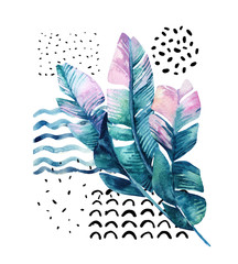 Wall Mural - Art illustration with tropical leaves, doodle, grunge textures, geometric shapes in 80s, 90s minimal style.