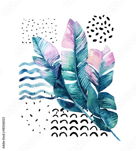 sztuka-ilustracji-z-tropikalnych-lisci-doodle-grunge-tekstury-geometryczne-ksztalty-w-latach-80-tych-styl-minimalny-lat-90-t