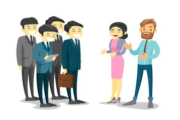 Sticker - Group of Asian delegates listening to Asian business woman and Caucasian white businessman at the conference. Multiethnic delegates networking during conference. Vector isolated cartoon illustration.