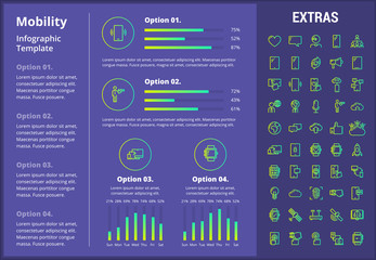 Poster - Mobility infographic template, elements and icons. Infograph includes customizable graphs, four options, line icon set with mobile technology, smartphone app, cloud computing, network connection etc.