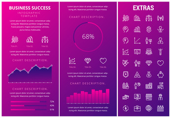 Sticker - Business success infographic template, elements and icons. Infograph includes customizable graphs, charts, line icon set with business worker, successful businessman, corporate leader, market data etc