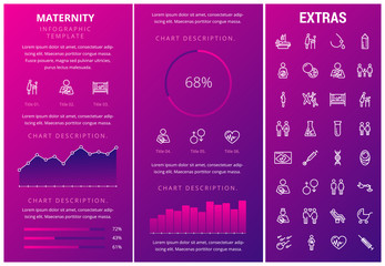 Sticker - Maternity infographic template, elements and icons. Infograph includes customizable graphs, charts, line icon set with pregnant woman, breast feeding, child care, reproductive technologies etc.