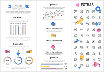  Travel infographic template, elements and icons. Infograph includes customizable graphs, four options, line icon set with tourist attraction, luggage cart, travel planning, holiday vacation etc.