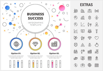 Sticker - Business circle infographic template, elements and icons. Infograph includes customizable bar charts, line icon set with business worker, successful businessman, corporate leader, conference etc.