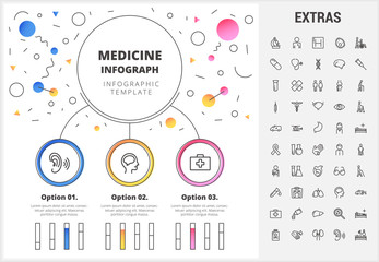 Wall Mural - Medicine circle infographic template, elements and icons. Infograph includes customizable bar charts, line icon set with medical stethoscope, disable person, hospital doctor, nurse, first aid kit etc.